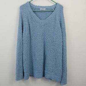 Macaron Large Light Blue Fuzzy Popcorn Knit Sweater Women's Pullover V Neck